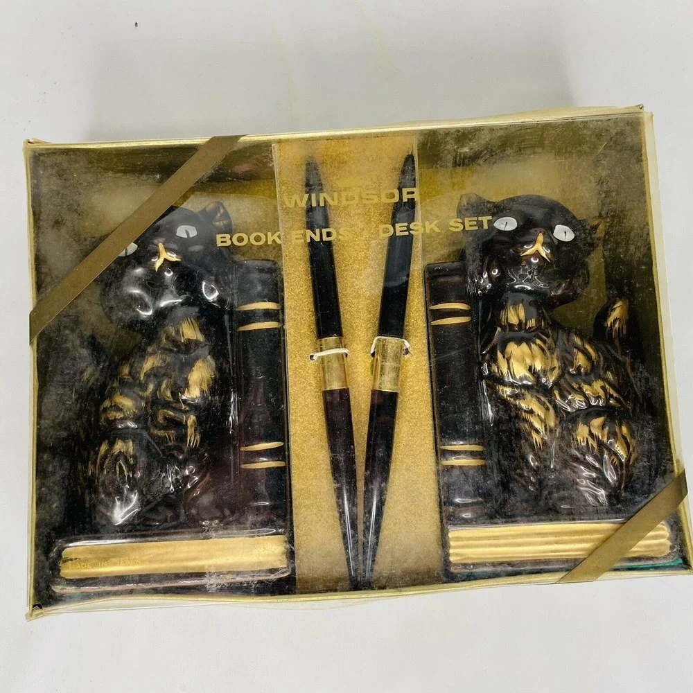 Siamese Cat Bookends MCM 50s DESK SET Pens Goth Wicca‎ w/BOX Vintage Black Gold